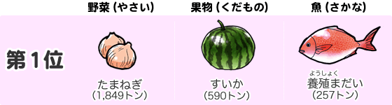 第1位　野菜（やさい）たまねぎ（2,709トン）　果物（くだもの）バナナ（781トン）　魚（さかな）養殖まだい（708トン）