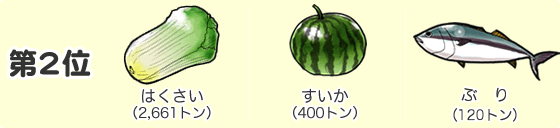 第2位　野菜（やさい）はくさい（2,661トン）　果物（くだもの）すいか（400トン）　魚（さかな）ぶり（120トン）