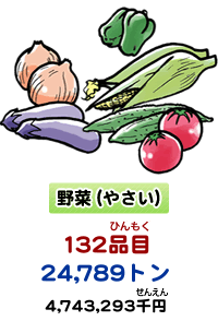 野菜（やさい）　132品目（ひんもく） 24,789トン　4,743,293千円（せんえん）